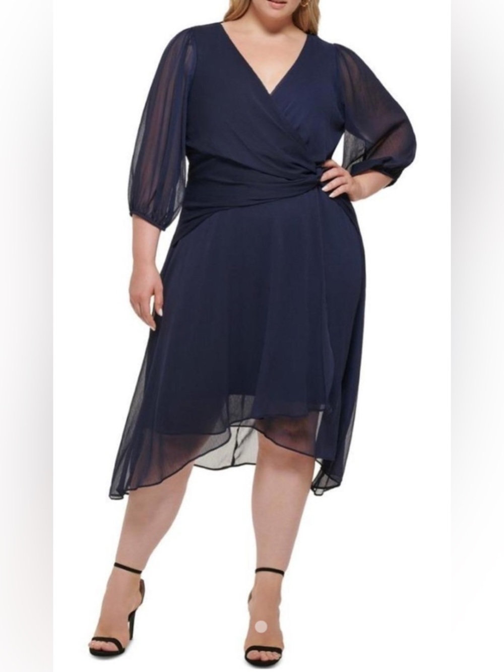 DKNY Navy High-Low Wrap Chiffon Dress